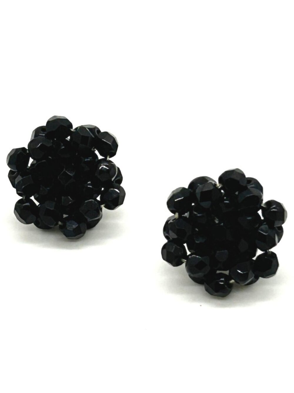 Vintage Black Faceted Bead Cluster Clip-On Earrings Mid-Century Modern Retro